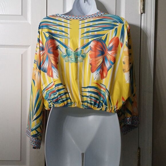 Tropical print cropped elastic hem blouse NWOT SZ L/XL - Picture 5 of 5